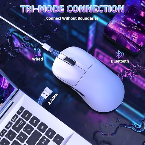 ZIYOU LANG×MAGIC-REFINER AJ199 Kabellose Gaming Maus Leicht, 49g Tri-Modus 2.4G/BT/Kabel, PixArt PAW3311, 24000 DPI, 1000Hz, 600mAh Wiederaufladbare Gamer Maus für PC/Mac/Laptop - Weiß Bild 3