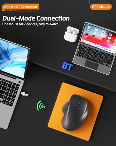 Uiosmuph G09 Bluetooth Maus kabellos, Bluetooth 5.1 + 2.4GHz Wireless Mouse, Kabellose Maus mit USB-Nano-Empfänger, Leise Funkmaus Wiederaufladbare für Laptop, PC, iPad, Mac, Schwarz Bild 2