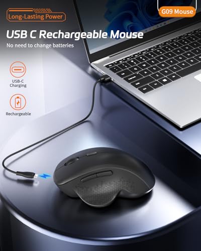 Uiosmuph G09 Bluetooth Maus kabellos, Bluetooth 5.1 + 2.4GHz Wireless Mouse, Kabellose Maus mit USB-Nano-Empfänger, Leise Funkmaus Wiederaufladbare für Laptop, PC, iPad, Mac, Schwarz Bild 3