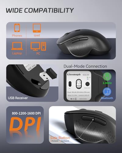Uiosmuph G09 Bluetooth Maus kabellos, Bluetooth 5.1 + 2.4GHz Wireless Mouse, Kabellose Maus mit USB-Nano-Empfänger, Leise Funkmaus Wiederaufladbare für Laptop, PC, iPad, Mac, Schwarz Bild 4