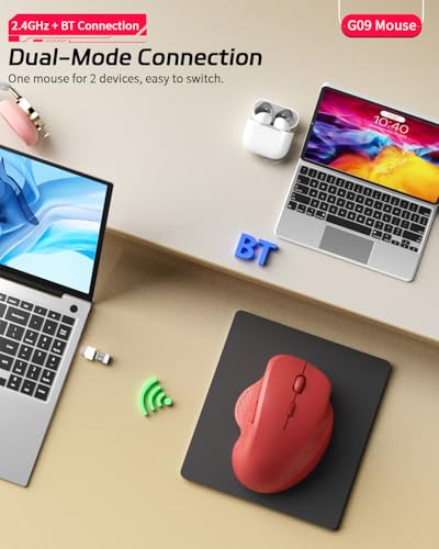 Uiosmuph G09 Bluetooth Maus kabellos, Bluetooth 5.1 + 2.4GHz Wireless Mouse, Kabellose Maus mit USB-Nano-Empfänger, Leise Funkmaus Wiederaufladbare für Laptop, PC, iPad, Mac,Rot Bild 2