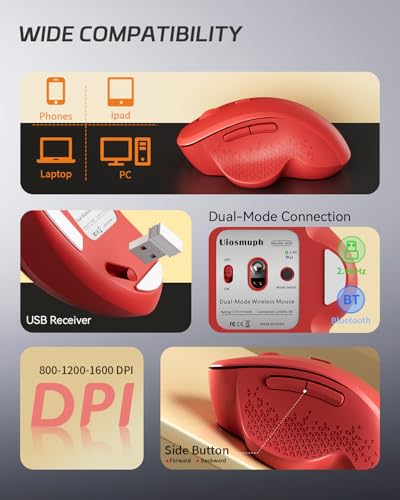 Uiosmuph G09 Bluetooth Maus kabellos, Bluetooth 5.1 + 2.4GHz Wireless Mouse, Kabellose Maus mit USB-Nano-Empfänger, Leise Funkmaus Wiederaufladbare für Laptop, PC, iPad, Mac,Rot Bild 4
