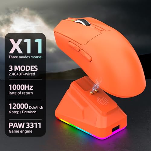 3-Modi-Gaming-Maus mit Ladestation, Leichte Maus mit Einstellbarem 800-12000 DPI und RGB-Licht, für Büro- und PC-Nutzung (ORANGE) Bild 3