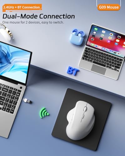 Uiosmuph G09 Bluetooth Maus kabellos, Bluetooth 5.1 + 2.4GHz Wireless Mouse, Kabellose Maus mit USB-Nano-Empfänger, Leise Funkmaus Wiederaufladbare für Laptop, PC, iPad, Mac, Weiß Bild 2