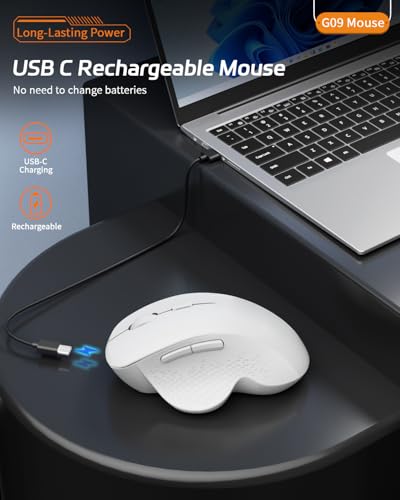 Uiosmuph G09 Bluetooth Maus kabellos, Bluetooth 5.1 + 2.4GHz Wireless Mouse, Kabellose Maus mit USB-Nano-Empfänger, Leise Funkmaus Wiederaufladbare für Laptop, PC, iPad, Mac, Weiß Bild 3