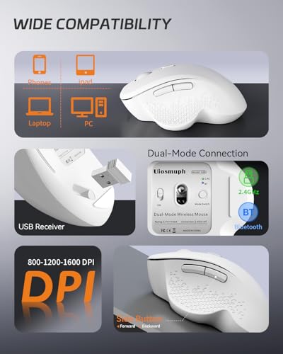 Uiosmuph G09 Bluetooth Maus kabellos, Bluetooth 5.1 + 2.4GHz Wireless Mouse, Kabellose Maus mit USB-Nano-Empfänger, Leise Funkmaus Wiederaufladbare für Laptop, PC, iPad, Mac, Weiß Bild 4