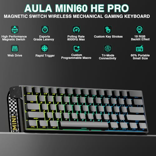 AULA MINI60 Mechanische Gaming Tastatur 60%,BT5.0/USB/2.4GHz Wireless,Hall Effect Magnetic Switches,0,01mm RT-Genauigkeit,Einstellbare Betätigung,8000Hz,RGB,Kabellose Tastatur für PC/Mac (Schwarz) Bild 2