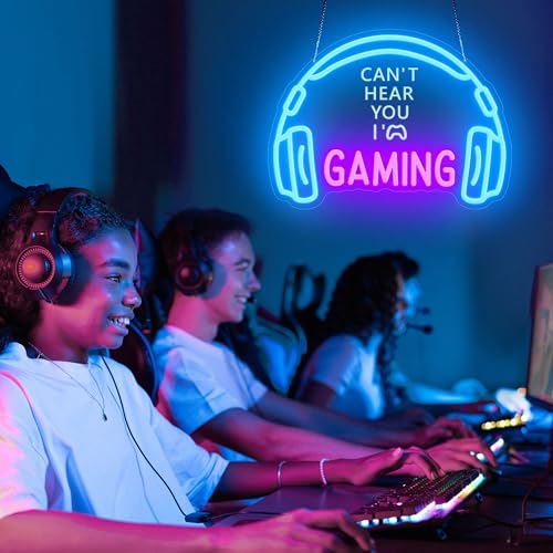 Gaming-Neonschilder für Wanddekoration, dimmbares LED-Headset, Gamer-Neonlicht und USB-betriebene Kopfhörer-Spielschilder für Spielzone, Videozimmer, Jungenzimmer (Can't Hear You I'm Gaming) Bild 2