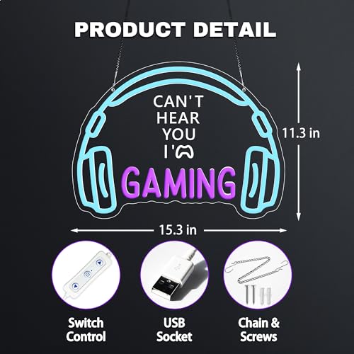 Gaming-Neonschilder für Wanddekoration, dimmbares LED-Headset, Gamer-Neonlicht und USB-betriebene Kopfhörer-Spielschilder für Spielzone, Videozimmer, Jungenzimmer (Can't Hear You I'm Gaming) Bild 3