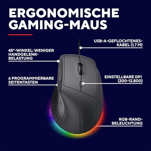 GXTrust 145 Rexxa Vertikale Gaming Maus mit Programmierbaren Tasten, 12.8k DPI, Ergonomische Maus mit Kabel USB-A 1,7m, Mehrfarbige RGB Beleuchtung, Enthaltene Software, Gaming Mouse MMO - Schwarz Bild 2