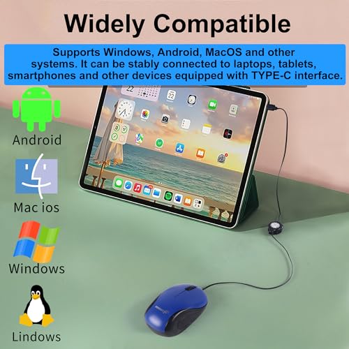 Mini Maus mit Kabel und Einziehbarem USB C Corded,Retractable 70 cm,1000D-PI Optische Typ-C Computermaus, Tragbar Beidhändig Verwendbar Leiser Klick Kleine Maus für Reisen,PC,Gaming,Desktop,Laptop,MAC Bild 2