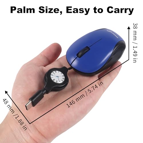 Mini Maus mit Kabel und Einziehbarem USB C Corded,Retractable 70 cm,1000D-PI Optische Typ-C Computermaus, Tragbar Beidhändig Verwendbar Leiser Klick Kleine Maus für Reisen,PC,Gaming,Desktop,Laptop,MAC Bild 7