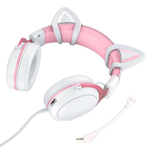 Fabater Kabelgebundenes Gaming-Headset, Over-Ear-Kopfhörer mit RGB-Rauschunterdrückung und Mikrofon für PC, 3,5 Mm (Weiß-Rosa mit Katzenohren-Dekor) Bild 1