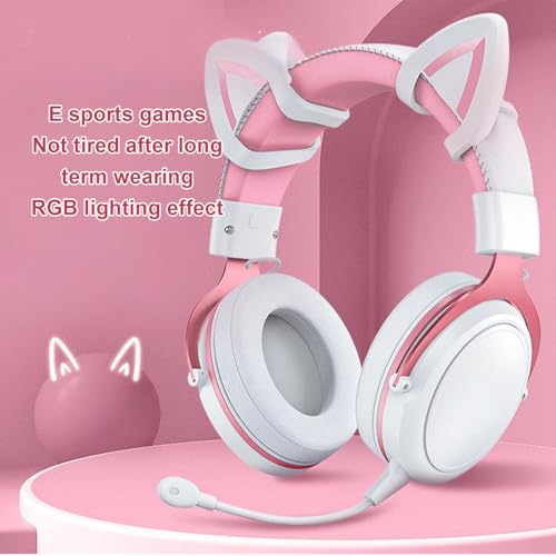 Fabater Kabelgebundenes Gaming-Headset, Over-Ear-Kopfhörer mit RGB-Rauschunterdrückung und Mikrofon für PC, 3,5 Mm (Weiß-Rosa mit Katzenohren-Dekor) Bild 2