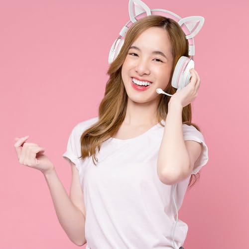 Fabater Kabelgebundenes Gaming-Headset, Over-Ear-Kopfhörer mit RGB-Rauschunterdrückung und Mikrofon für PC, 3,5 Mm (Weiß-Rosa mit Katzenohren-Dekor) Bild 3