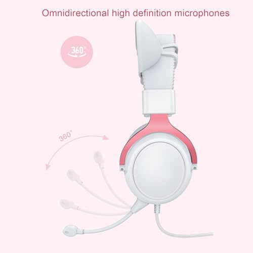Fabater Kabelgebundenes Gaming-Headset, Over-Ear-Kopfhörer mit RGB-Rauschunterdrückung und Mikrofon für PC, 3,5 Mm (Weiß-Rosa mit Katzenohren-Dekor) Bild 5