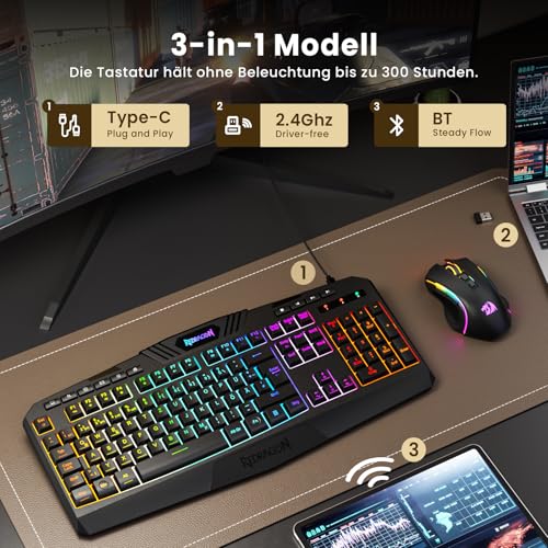 Redragon S101M-KS Kabelloses Gaming Tastatur und Maus mit Tri-Modi, QWERTZ DE Layout, Wiederaufladbarer 4000mAh Akku, RGB Tastatur und 4800 DPI Gaming Maus für Wins, PC, Computer Bild 2