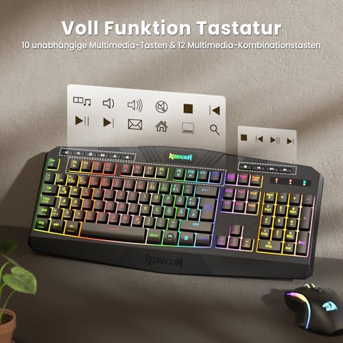 Redragon S101M-KS Kabelloses Gaming Tastatur und Maus mit Tri-Modi, QWERTZ DE Layout, Wiederaufladbarer 4000mAh Akku, RGB Tastatur und 4800 DPI Gaming Maus für Wins, PC, Computer Bild 6
