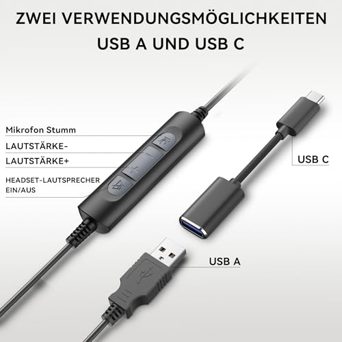 Wantek USB Headset mit Mikrofon für Laptop,PC kabelgebundene Kopfhörer mit USB-C Klinkenadapter,Lautstärkeregler & Geräuschunterdrückung für Call Center,Büro,VoIP & Skype Bild 3
