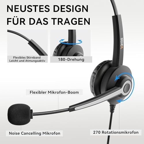 Wantek USB Headset mit Mikrofon für Laptop,PC kabelgebundene Kopfhörer mit USB-C Klinkenadapter,Lautstärkeregler & Geräuschunterdrückung für Call Center,Büro,VoIP & Skype Bild 4