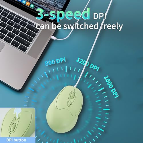 Kabelgebundene Maus, Optische USB-C-Maus, 1,2 m Kabel, Verstellbares D-PI 1600, USB Typ-C, 4 Tasten,Beidhändiges, Leise und Ergonomisch Kompakte für Mac,Laptop,iPad,Surface,Smartphones, Windows Grün Bild 5