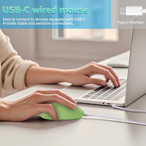 Kabelgebundene Maus, Optische USB-C-Maus, 1,2 m Kabel, Verstellbares D-PI 1600, USB Typ-C, 4 Tasten,Beidhändiges, Leise und Ergonomisch Kompakte für Mac,Laptop,iPad,Surface,Smartphones, Windows Grün Bild 7