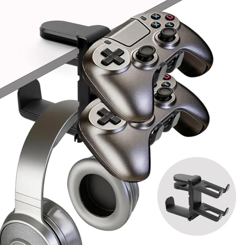 Headset und Controller Halterung Schreibtisch, Headset Halterung Tisch 360° Drehbar, Kopfhörer Halterung Verstellbare, Kopfhörerständer Untertisch, Universal Headphone Stand, Gaming Zubehör Bild 1