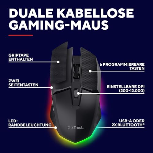 GXTrust 122 Felox+ Kabellose Gaming Maus Bluetooth + 2.4GHz mit Grip Pads, 12K DPI, 40 Stunden Akkulaufzeit, Wiederaufladbare Funkmaus, LED Beleuchtung, 6 Tasten, USB-A Empfänger, Schwarz Bild 2