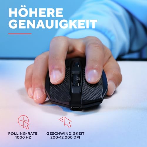 GXTrust 122 Felox+ Kabellose Gaming Maus Bluetooth + 2.4GHz mit Grip Pads, 12K DPI, 40 Stunden Akkulaufzeit, Wiederaufladbare Funkmaus, LED Beleuchtung, 6 Tasten, USB-A Empfänger, Schwarz Bild 3