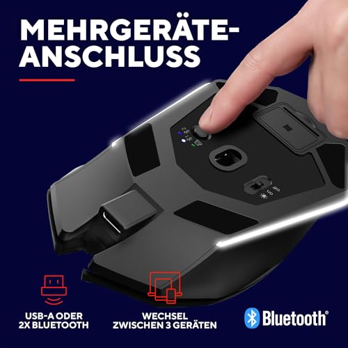 GXTrust 122 Felox+ Kabellose Gaming Maus Bluetooth + 2.4GHz mit Grip Pads, 12K DPI, 40 Stunden Akkulaufzeit, Wiederaufladbare Funkmaus, LED Beleuchtung, 6 Tasten, USB-A Empfänger, Schwarz Bild 4