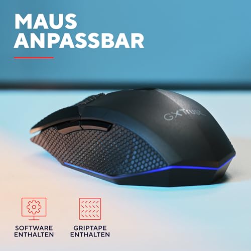 GXTrust 122 Felox+ Kabellose Gaming Maus Bluetooth + 2.4GHz mit Grip Pads, 12K DPI, 40 Stunden Akkulaufzeit, Wiederaufladbare Funkmaus, LED Beleuchtung, 6 Tasten, USB-A Empfänger, Schwarz Bild 5