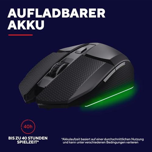 GXTrust 122 Felox+ Kabellose Gaming Maus Bluetooth + 2.4GHz mit Grip Pads, 12K DPI, 40 Stunden Akkulaufzeit, Wiederaufladbare Funkmaus, LED Beleuchtung, 6 Tasten, USB-A Empfänger, Schwarz Bild 6
