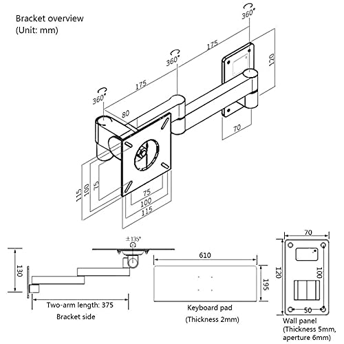 Verstellbare Aluminium-Maus-Plattform für Wandhalterung, platzsparendes Tele-Design für effizientes Worpace-Nizat, perfekt für Heimbüro und Gaming-Setup Bild 4