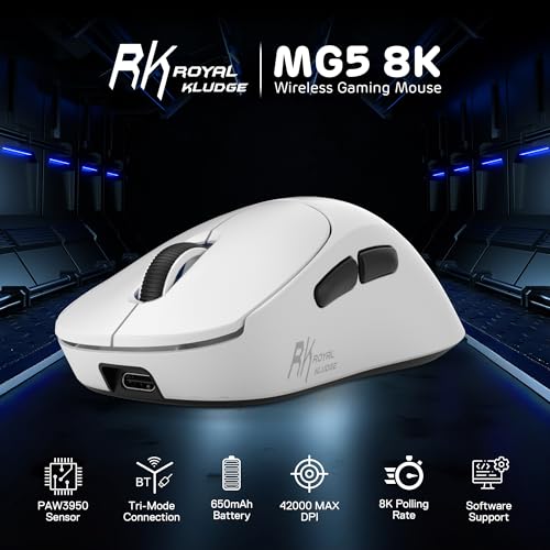 RK ROYAL KLUDGE MG5 8K kabellose Gaming Maus, 42K DPI PAW3950 Sensor, 56g leichte ergonomische, doppelte Abtastrate von 8KHz, Tri-Mode 2,4G/BT/USB-C, 100M Klicks Schalter, Weblaufwerk für Win/Mac Bild 3