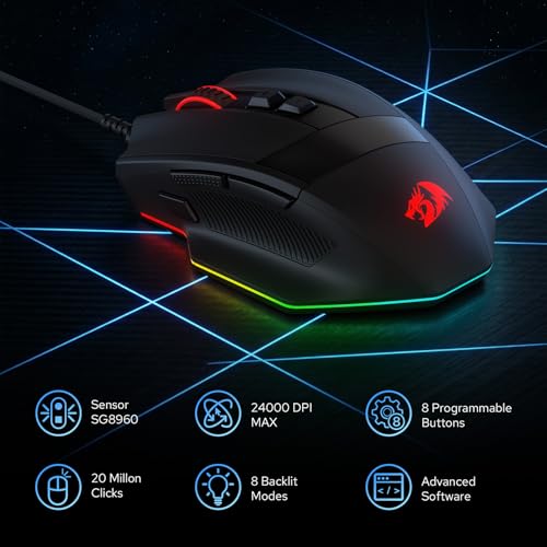 Redragon M923 Kabelgebundene RGB Gaming Maus, Optische Ergonomische Maus mit Max. 24.000 DPI, Hochpräziser Sensor SG8960, 8 Makrotasten, Softwareunterstützt Bild 2