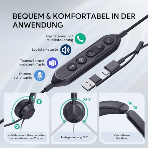 Yealink UH44 Headset mit Mikrofon USB Stereo Headset mit Geräuschunterdrückung Kabelgebundenes Kopfhörer für PC Callcenter Büro mit Busylight USB-C/A Teams Zertifizierter Bild 3