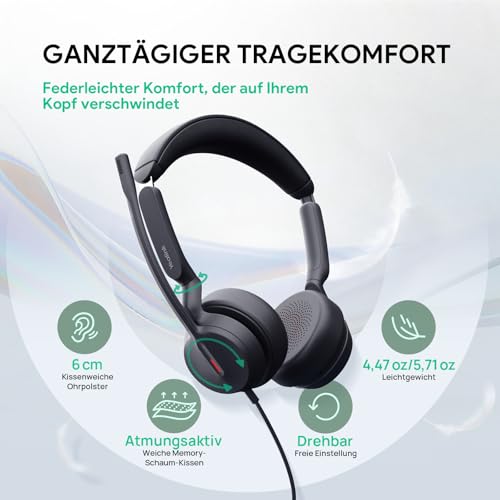Yealink UH44 Headset mit Mikrofon Mono Teams Headset mit Kabel USB-C/A Kabelgebundenes Kopfhörer mit Geräuschunterdrückung für PC Callcenter Büro Office mit Busylight Bild 4