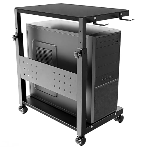 Computer Tower Ständer mit Rollen - Höhenverstellbar von 52 cm bis 77 cm, 2 stöckiger PC Ständer mit Rollen und Maus Pad, Max. Belastung pro Ebene 40 kg für Gaming, Büro, Zuhause, Schwarz Bild 1