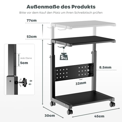 Computer Tower Ständer mit Rollen - Höhenverstellbar von 52 cm bis 77 cm, 2 stöckiger PC Ständer mit Rollen und Maus Pad, Max. Belastung pro Ebene 40 kg für Gaming, Büro, Zuhause, Schwarz Bild 2