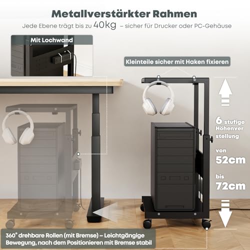 Computer Tower Ständer mit Rollen - Höhenverstellbar von 52 cm bis 77 cm, 2 stöckiger PC Ständer mit Rollen und Maus Pad, Max. Belastung pro Ebene 40 kg für Gaming, Büro, Zuhause, Schwarz Bild 3