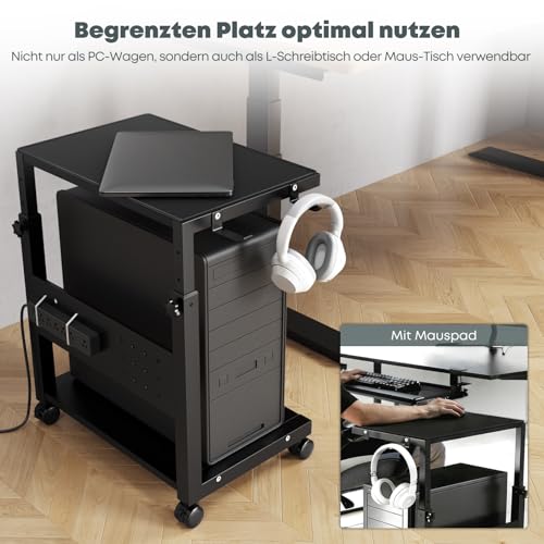 Computer Tower Ständer mit Rollen - Höhenverstellbar von 52 cm bis 77 cm, 2 stöckiger PC Ständer mit Rollen und Maus Pad, Max. Belastung pro Ebene 40 kg für Gaming, Büro, Zuhause, Schwarz Bild 5