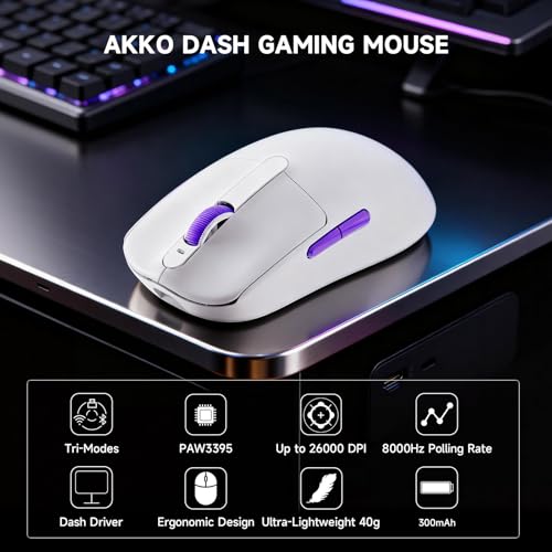 Akko Dash Max kabellose Gaming-Maus,41g ultraleichte Maus, 8K-Abfragerate mit PAW3395-Gaming-Sensor,BT/2,4-GHz-Funk-/Kabel-Gaming-Maus,8 einstellbare DPI bis zu 26.000,PC-Mäuse für Windows/Mac,Weiß Bild 2