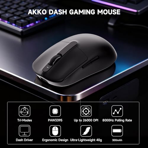 Akko Dash Max kabellose Gaming-Maus, 40g ultraleichte, PAW3395-Gaming-Sensor, kabellose (Bluetooth/2,4 GHz) und kabelgebundene Gaming-Maus, 8 einstellbare DPI-Stufen bis zu 26.000, PC-Mäuse, schwarz Bild 2