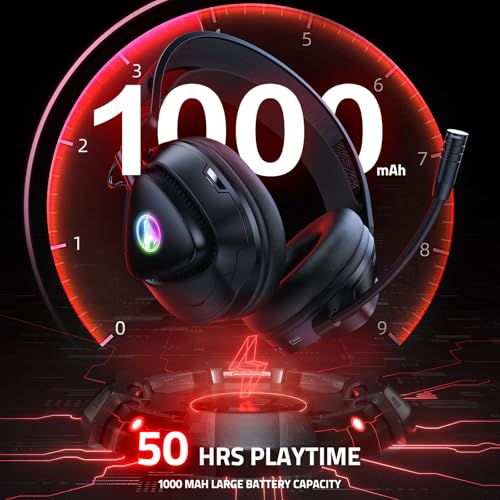 PH3 Kabelloses Gaming Headset für PS5, PS4, PC,Bluetooth-Kopfhörer mit 50 Stunden Akku, Gaming-Headset mit Mikrofon mit Geräuschunterdrückung,RGB Licht, Dunkelrot Bild 5
