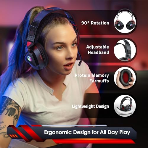 PH3 Kabelloses Gaming Headset für PS5, PS4, PC,Bluetooth-Kopfhörer mit 50 Stunden Akku, Gaming-Headset mit Mikrofon mit Geräuschunterdrückung,RGB Licht, Dunkelrot Bild 6