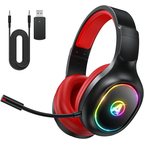 2,4 GHz Wireless Gaming Headset, Geräuschunterdrückende Kabellose Kopfhörer mit Abnehmbarem Mikrofon für PC, Mac, Switch, PS4, PS5, Bluetooth Kopfhörer mit Kabel 3.5mm, Schwarz Rot Bild 1