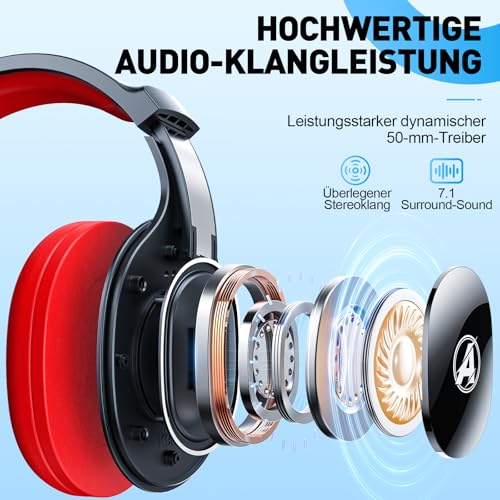 2,4 GHz Wireless Gaming Headset, Geräuschunterdrückende Kabellose Kopfhörer mit Abnehmbarem Mikrofon für PC, Mac, Switch, PS4, PS5, Bluetooth Kopfhörer mit Kabel 3.5mm, Schwarz Rot Bild 2