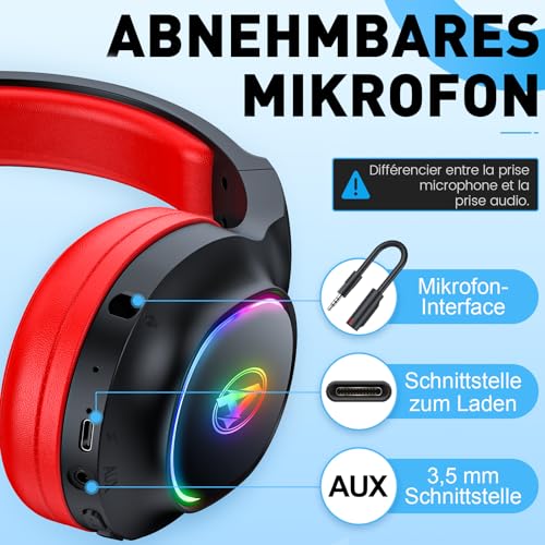 2,4 GHz Wireless Gaming Headset, Geräuschunterdrückende Kabellose Kopfhörer mit Abnehmbarem Mikrofon für PC, Mac, Switch, PS4, PS5, Bluetooth Kopfhörer mit Kabel 3.5mm, Schwarz Rot Bild 4