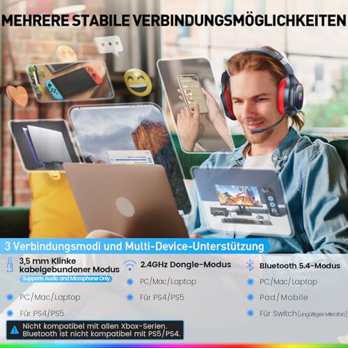 2,4 GHz Wireless Gaming Headset, Geräuschunterdrückende Kabellose Kopfhörer mit Abnehmbarem Mikrofon für PC, Mac, Switch, PS4, PS5, Bluetooth Kopfhörer mit Kabel 3.5mm, Schwarz Rot Bild 5
