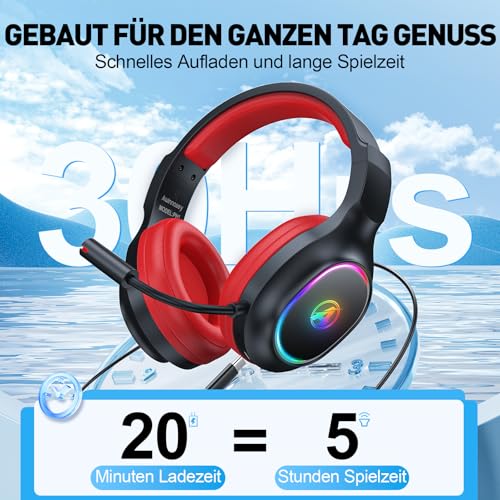 2,4 GHz Wireless Gaming Headset, Geräuschunterdrückende Kabellose Kopfhörer mit Abnehmbarem Mikrofon für PC, Mac, Switch, PS4, PS5, Bluetooth Kopfhörer mit Kabel 3.5mm, Schwarz Rot Bild 6
